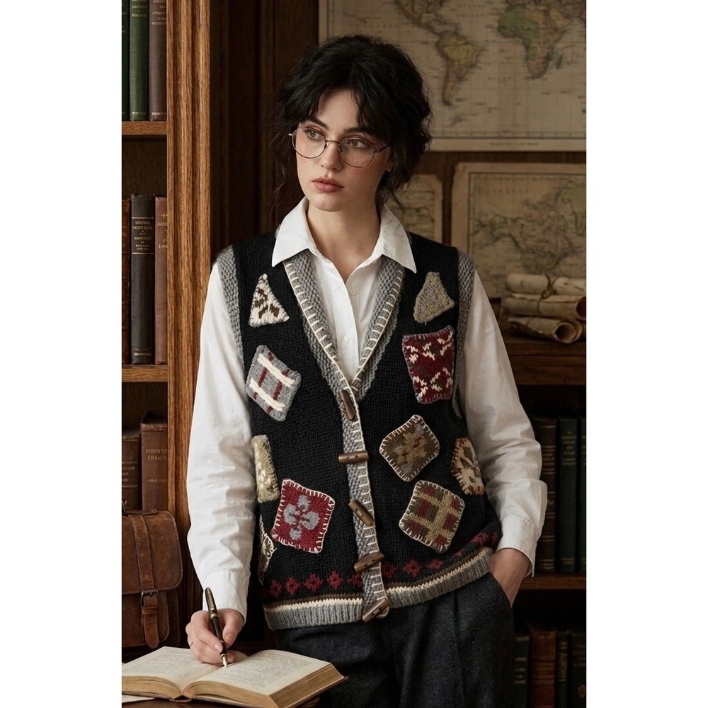 Vintage 90s Hunt Club Patchwork Sweater Vest Womens M Toggle Grannycore Boho Y2K
